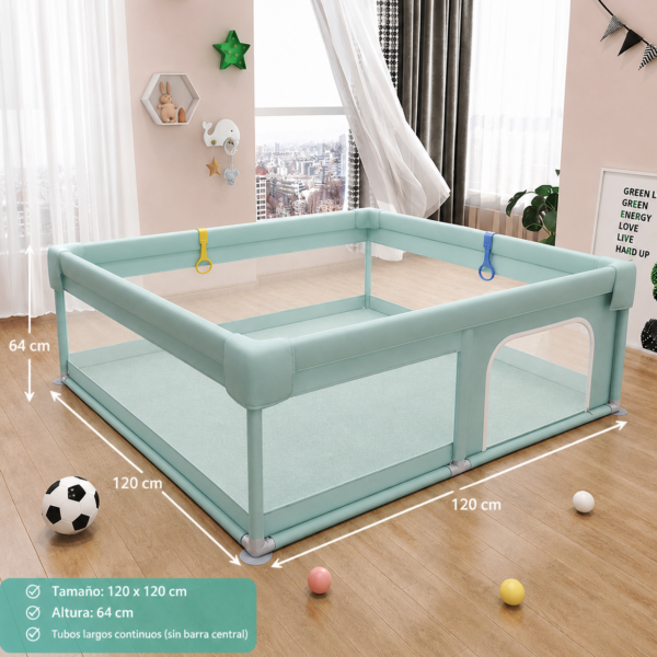 Corral o corralito de Juegos para Bebés con Malla de Seguridad, Puerta con Cremallera y 5 Agarraderas –120x120(64 cm altura) no incluye alfombra, se vende por separado