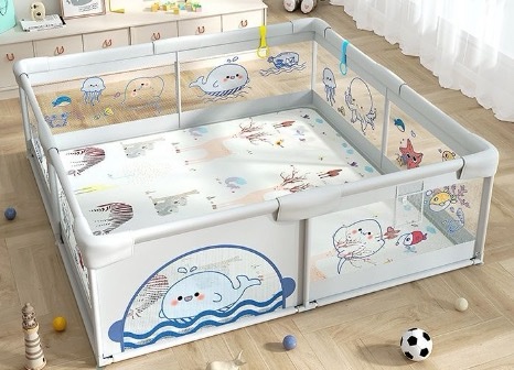 Corral o corralito de Juegos para Bebés con estampado y con Malla de Seguridad, Puerta con Cremallera y 5 Agarraderas – Disponible en 120x120CM, 150x180CM, 180x200CM y 200x200CM (64 cm altura)
