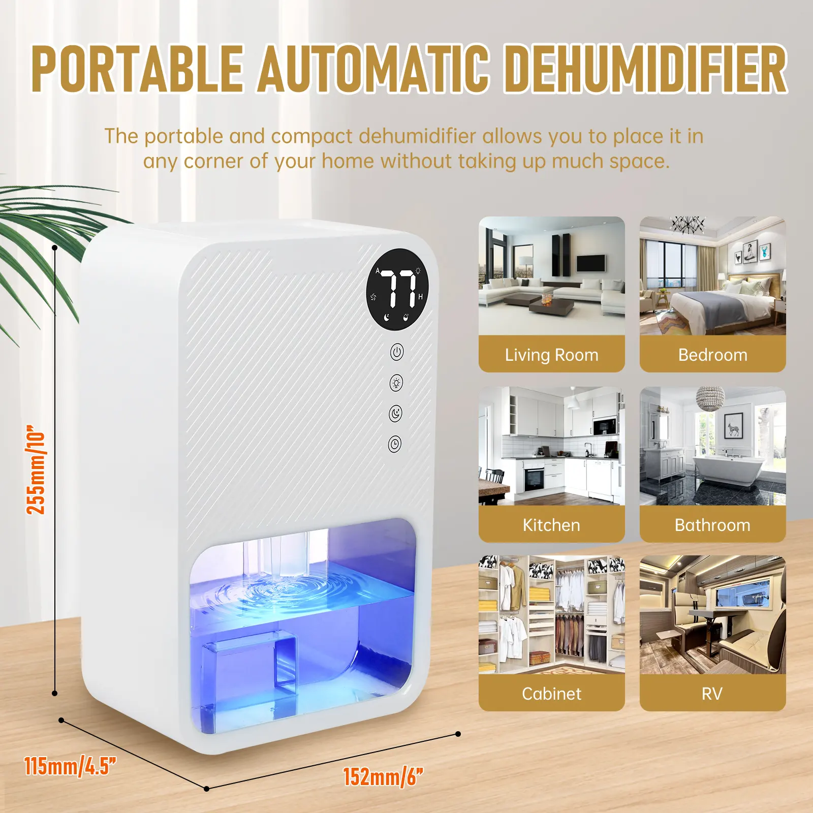 Deshumidificador Compacto Inteligente con Pantalla Digital y Luces LED, tranque de 1.1 litros para espacios de 15 m2, silencioso, perfecto para habitación de bebé y áreas de juego