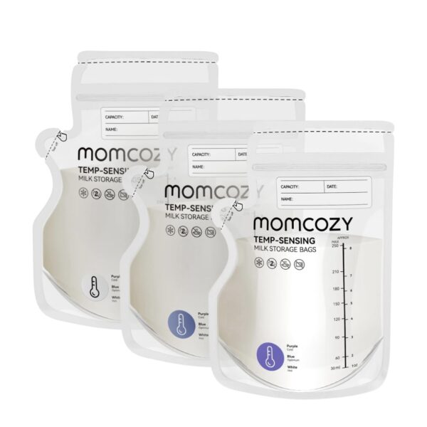Momcozy Bolsa para Almacenaje de Leche Materna, 8 oz, cambio de color por temperatura, paquete de 200 bolsas para leche con boquilla vertedora, bolsas auto-erguidas para lactancia, sin fugas, preesterilizadas para congelador.