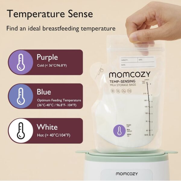 Momcozy Bolsa para Almacenaje de Leche Materna, 8 oz, cambio de color por temperatura, paquete de 200 bolsas para leche con boquilla vertedora, bolsas auto-erguidas para lactancia, sin fugas, preesterilizadas para congelador.