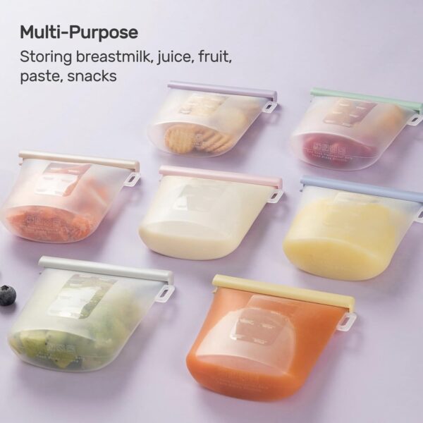 Nuliie 7 Pcs Bolsas Reutilizables de Silicona para Almacenamiento de Leche Materna, 8oz/240ml Bolsas para Congelar Leche Materna a Prueba de Fugas, Bolsas Autostables para Leche Materna Libres de BPA, Bolsas para Comida de Bebé.