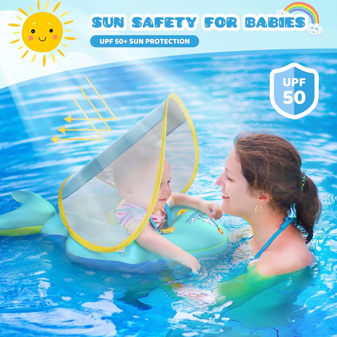 No Flip Over Baby Pool Float con Canopy UPF50+, Flotador Inflable para Bebé con Soporte Seguro y Juguetes Acuáticos, Ideal para Piscina (3-36 Meses)