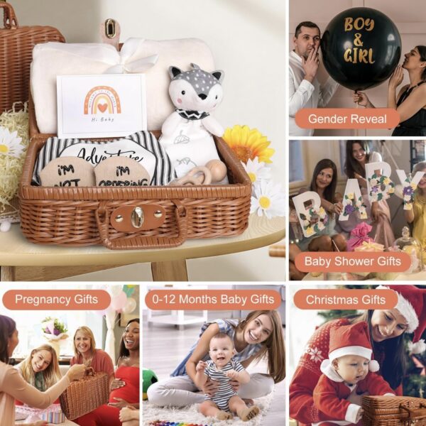 iAOVUEBY Set de Regalo para Baby Shower – Cesta de Esenciales para Bebés, Ideal para Niñas y Niños. Incluye Cobija, Manta de apego, Babero, Calcetines y Sonajerl.