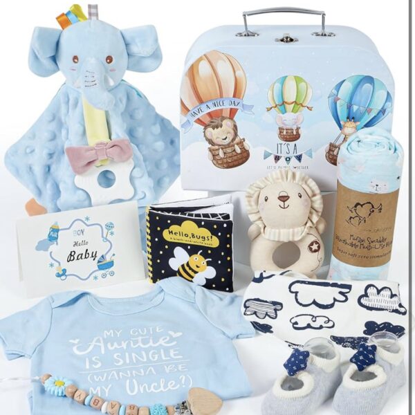 Golray – Set de 9 Piezas para Bebé: Regalos de Baby Shower, Incluye Elefante, Sonajero, Manta, Mameluco, Babero, calcetines, librito de bebé, manta de apego, clip de chpetas y Más