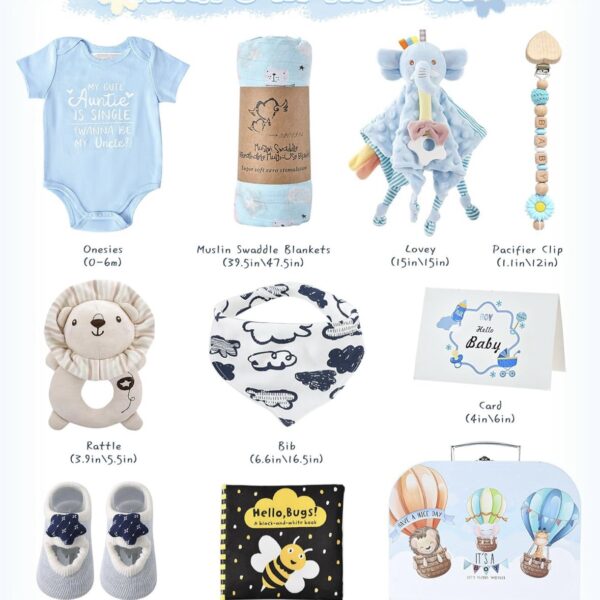 Golray – Set de 9 Piezas para Bebé: Regalos de Baby Shower, Incluye Elefante, Sonajero, Manta, Mameluco, Babero, calcetines, librito de bebé, manta de apego, clip de chpetas y Más