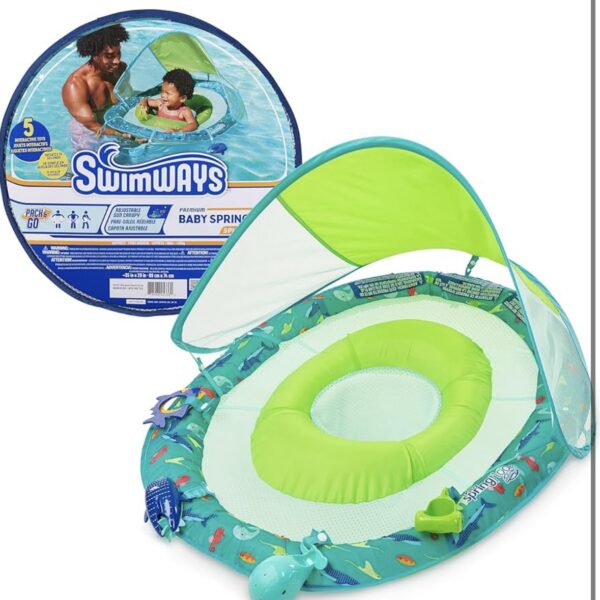 SwimWays Flotador para bebé Splash N Play, flotador de piscina para bebé con toldo y protección UPF accesorios de piscina para niños de 9 a 24 meses