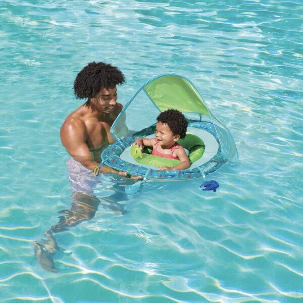 SwimWays Flotador para bebé Splash N Play, flotador de piscina para bebé con toldo y protección UPF accesorios de piscina para niños de 9 a 24 meses