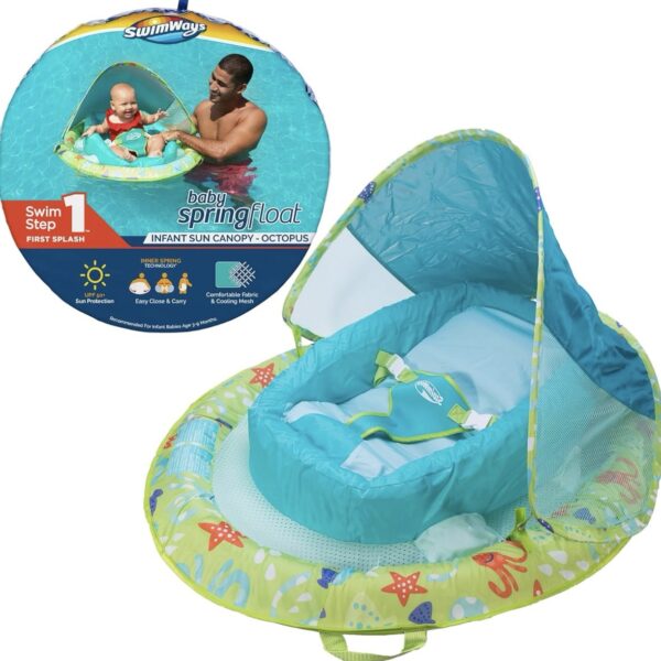 SwimWays Flotador de primavera para bebé con toldo ajustable y protección solar UPF - Pulpo Verde 3-9 meses