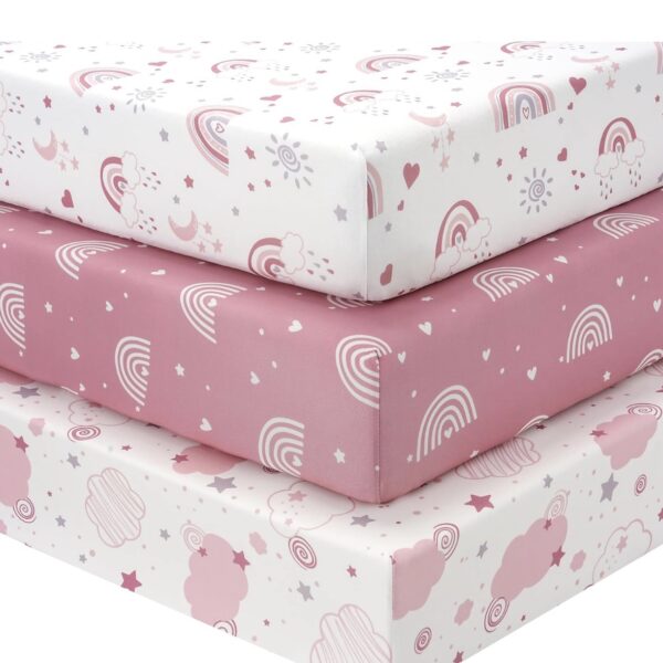 Fiemol Sábanas para cuna de bebé niña, paquete de 3 sábanas para colchón estándar de cuna y niño pequeño de 52 x 28 pulgadas, microfibra súper suave, arcoíris rosa