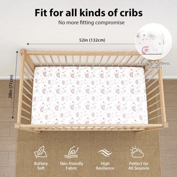 Fiemol Sábanas para cuna de bebé niña, paquete de 3 sábanas para colchón estándar de cuna y niño pequeño de 52 x 28 pulgadas, microfibra súper suave, arcoíris rosa