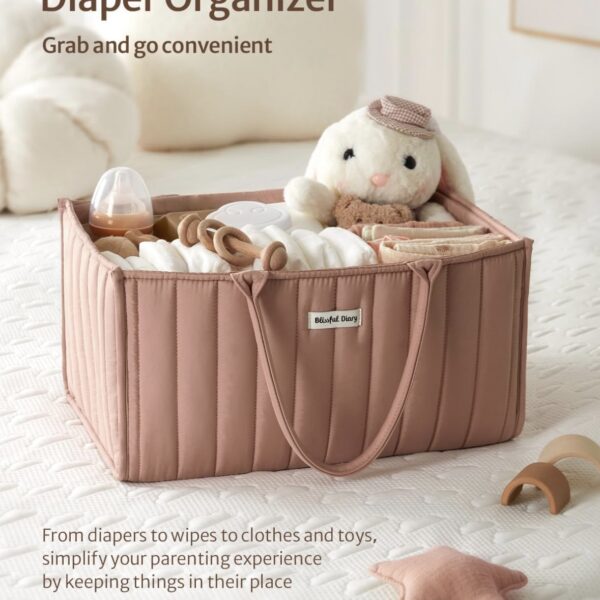 Blissful Diary Organizador de pañales para bebé, elegante cesta de almacenamiento para artículos esenciales para recién nacidos y estación de pañales