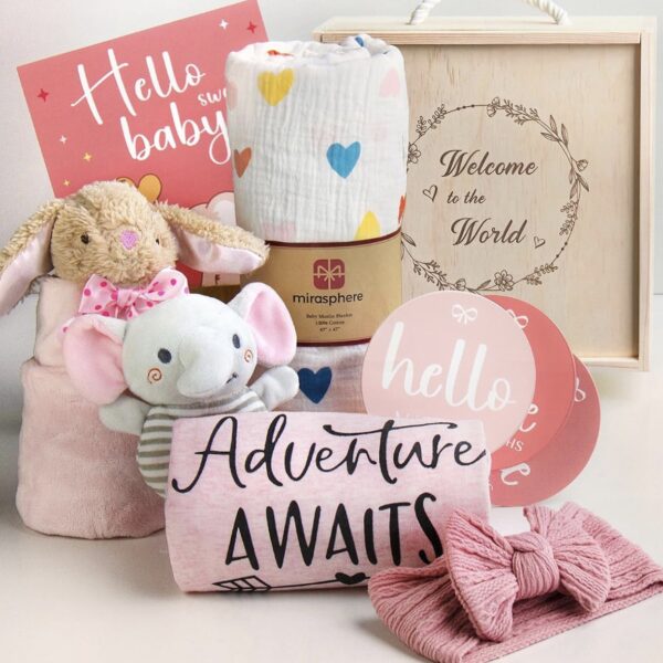 Mirasphere Set de Regalo para Baby Shower, incluye body de bebé, manta de muselina, manta de apego y seguridad, sonajero de madera, lazo, tarjeta de hitos y tarjeta.