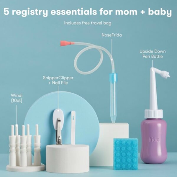 Fridababy bitty bundle of joy- set de regalo para el cuido de bebé y de mamá- Incluye: nose Frida, windi the gas passer, cortaúñas Frida, fridet botella peri con bolsa de transporte