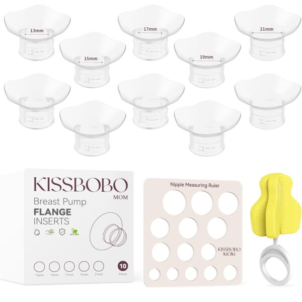 Kissbobo- Kit de bridas y de Medición de Tallas para Extractor de Leche Eléctrico – 5 Tamaños (13/15/17/19/21MM) con Cepillo de Limpieza y Regla para Pezón – Compatible con Extractores de 24MM