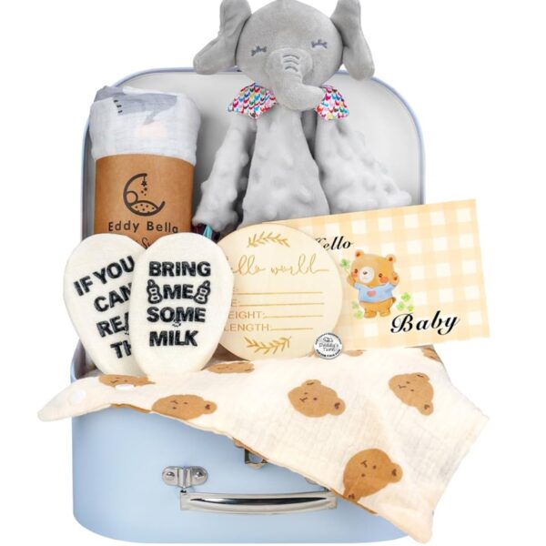 Canasta de Regalo para Bebé Niño – Set de 8 Piezas de Esenciales para Recién Nacido – Ideal para baby shower, Bienvenida de Bebé y Revelación de Género