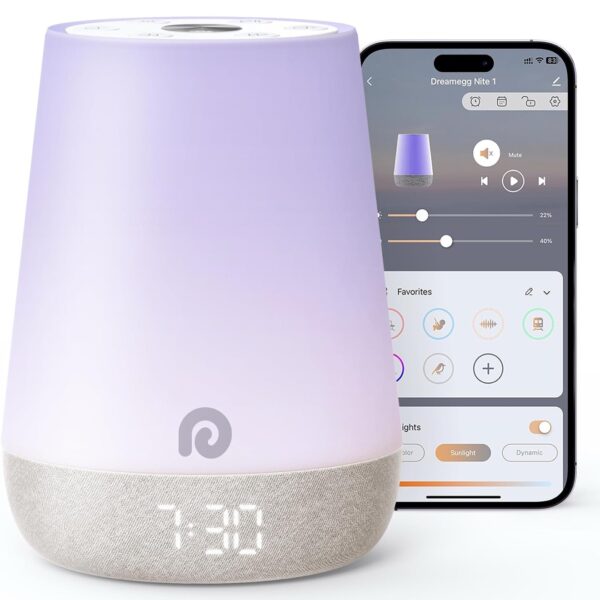 Dreamegg- Máquina de Sonido para Bebés – 34 Sonidos Relajantes, Luz Nocturna, Reloj Despertador “Ok to Wake” y Control por App – Entrenador de Sueño para Niños