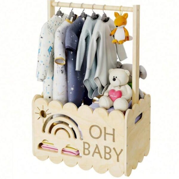 Caja perchero de madera “Oh Baby” – Canasta organizadora para ropa de bebé, ideal como regalo de baby shower