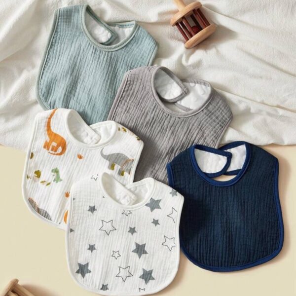Set de 5 baberos para bebé 100% algodón – Paños absorbentes en forma de U con broche, diseños de dinosaurios y estrellas
