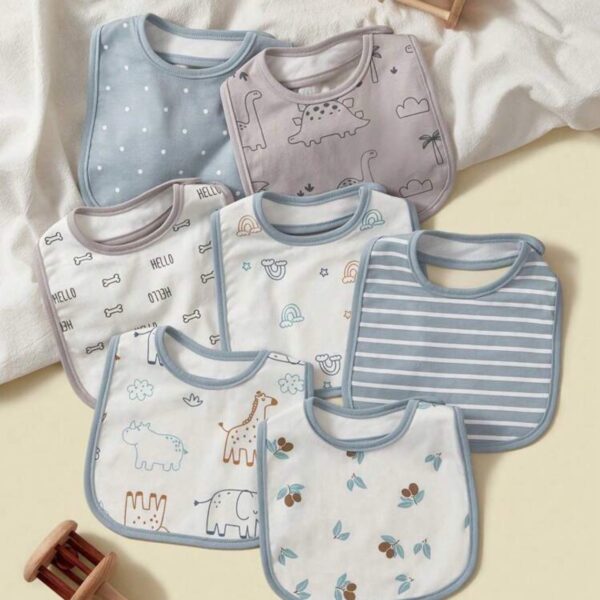 Set de 7 baberos para bebé con broche – Estampados de dinosaurios, rayas y lunares, ideal para la dentición