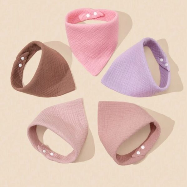 Set de 5 baberos triangulares para bebé – Algodón 100% en colores lisos, con broche ajustable, rosa