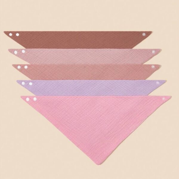 Set de 5 baberos triangulares para bebé – Algodón 100% en colores lisos, con broche ajustable, rosa