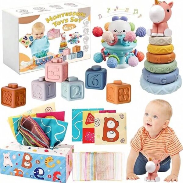 Set Montessori 4 en 1 para Bebé – Juguetes Sensoriales de Silicona, Bloques, Aros Apilables y Caja de Pañuelos, 6 meses en adelante