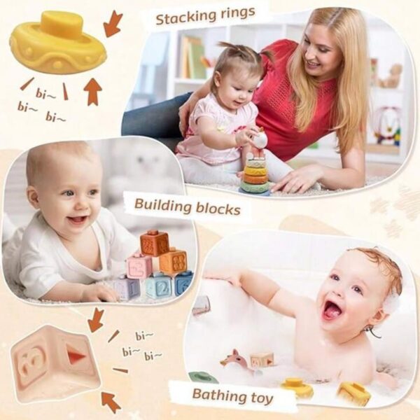 Set Montessori 4 en 1 para Bebé – Juguetes Sensoriales de Silicona, Bloques, Aros Apilables y Caja de Pañuelos, 6 meses en adelante