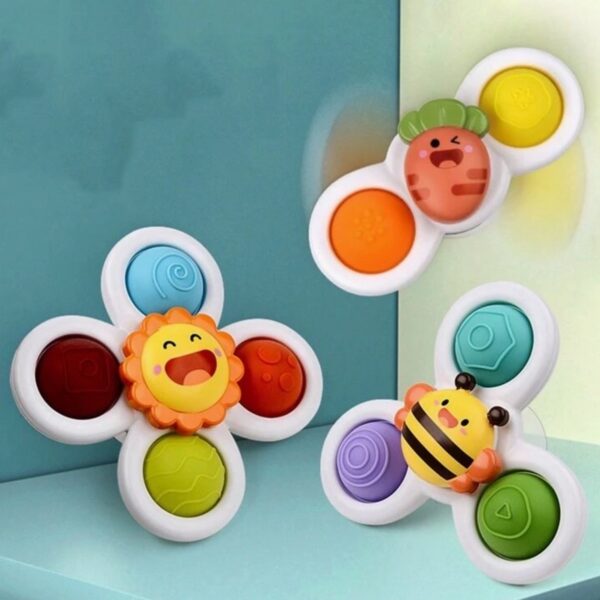 Set de 3 Spinners de Succión para Bebé – Juguete Sensorial Giratorio con Dibujos Animados para Baño y Juego Diario