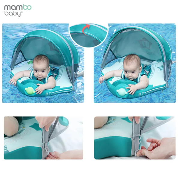 Flotador de Bebé Mambobaby con Cola antivuelco y toldo con protección solar UPF50+, No Inflable, 2 Posiciones de Nado, para bebés de 3-24 meses, avión verde