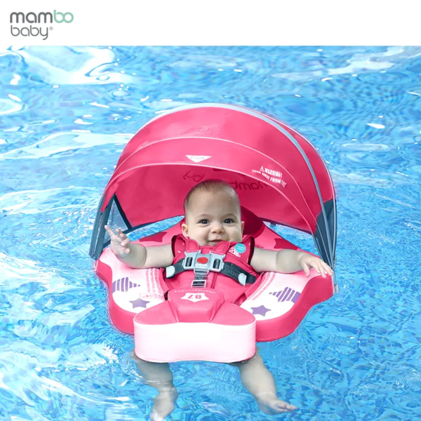 Flotador de Bebé Mambobaby con Cola antivuelco y toldo con protección solar UPF50+, No Inflable, 2 Posiciones de Nado, para bebés de 3-24 meses, avión rosado