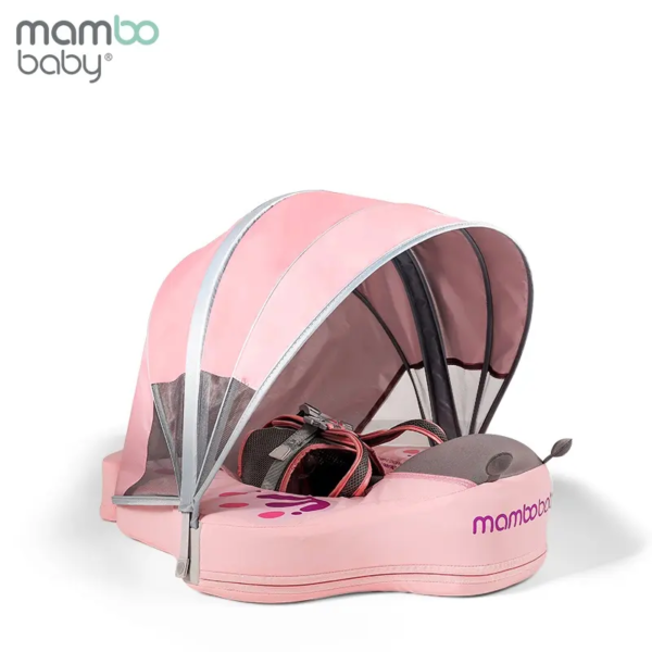 Flotador de Bebé Mambobaby con Cola antivuelco y toldo con protección solar UPF50+, No Inflable, 2 Posiciones de Nado, para bebés de 3-24 meses, mariposa rosada