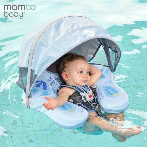 Flotador de Bebé Mambobaby con Cola antivuelco y toldo con protección solar UPF50+, No Inflable, 2 Posiciones de Nado, para bebés de 3-24 meses, mariposa azul