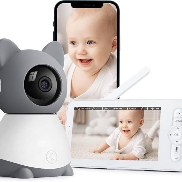 Yelour - Monitor de bebé 2K, monitor de bebé con cámara y audio, pantalla a color de 5 pulgadas, visión nocturna infrarroja, conversación de 2 vías, alarma de temperatura y sonido, detección de gritos, con aplicación móvil