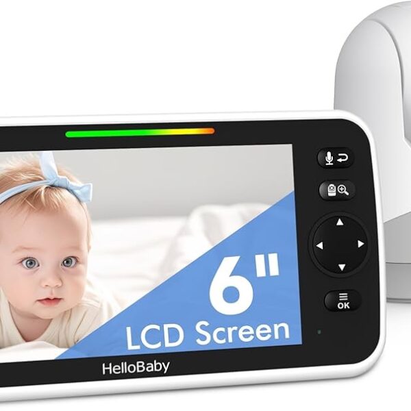 HelloBaby Pantalla grande IPS de 6 pulgadas, monitor de video para bebés con batería mejorada de 4000 mAh, conversación de 2 vías, visión nocturna, zoom panorámico, sin WiFi, modo ECO