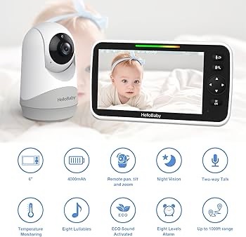 HelloBaby Pantalla grande IPS de 6 pulgadas, monitor de video para bebés con batería mejorada de 4000 mAh, conversación de 2 vías, visión nocturna, zoom panorámico, sin WiFi, modo ECO