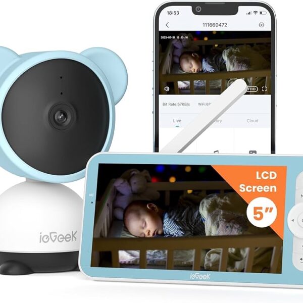ieGeek Monitor de bebé de video de 5 pulgadas con cámara HD 1080P, control de aplicación WiFi para teléfono inteligente, visión nocturna, detección de sonido y movimiento, conversación de 2 vías, PTZ