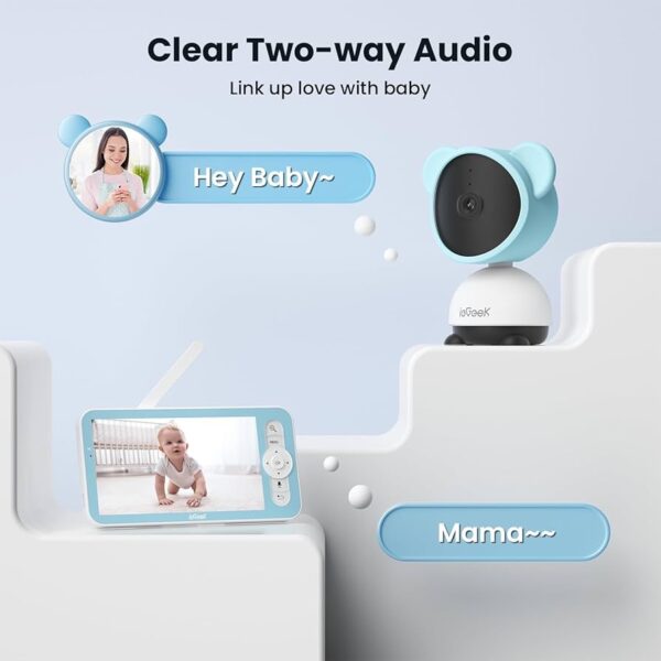 ieGeek Monitor de bebé de video de 5 pulgadas con cámara HD 1080P, control de aplicación WiFi para teléfono inteligente, visión nocturna, detección de sonido y movimiento, conversación de 2 vías, PTZ