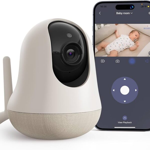 Nooie Monitor de bebé 5G mejorado con WiFi, monitor de cámara de bebé 2K, panorámica e inclinación de 360 grados, visión nocturna HD, sensor de temperatura, pista de movimiento AI, audio bidireccional