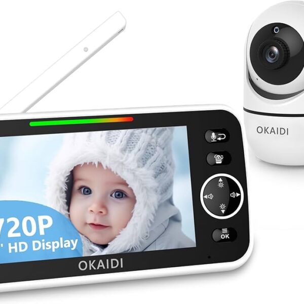 Okaidi - Monitor de bebé HD de 5 pulgadas con cámara y audio,con pantalla de 720P, batería de 5000 mAh, panorámica remota, zoom 3X, visión nocturna, conversación de 2 vías