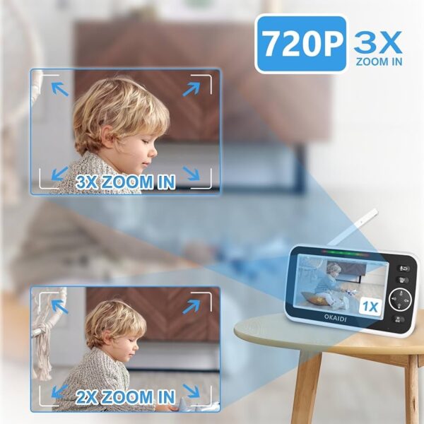 Okaidi - Monitor de bebé HD de 5 pulgadas con cámara y audio,con pantalla de 720P, batería de 5000 mAh, panorámica remota, zoom 3X, visión nocturna, conversación de 2 vías