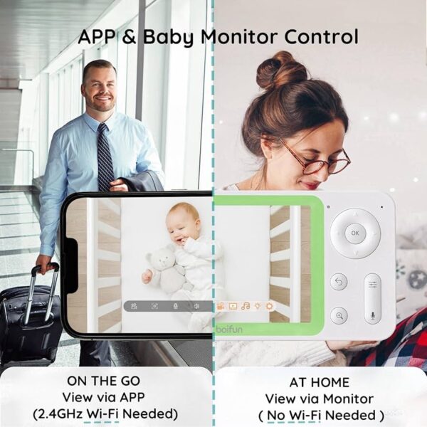BOIFUN Monitor de video para bebés WiFi con aplicación móvil, control de aplicación para teléfonos inteligentes y monitor LCD, pantalla de zoom 3X de 4.3 pulgadas, detección de movimiento y sonido AI, 1080P