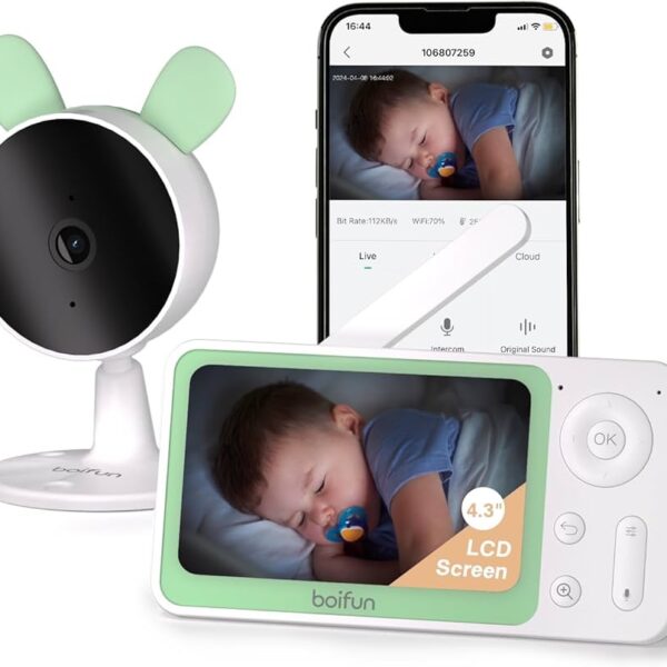 BOIFUN Monitor de video para bebés WiFi con aplicación móvil, control de aplicación para teléfonos inteligentes y monitor LCD, pantalla de zoom 3X de 4.3 pulgadas, detección de movimiento y sonido AI, 1080P