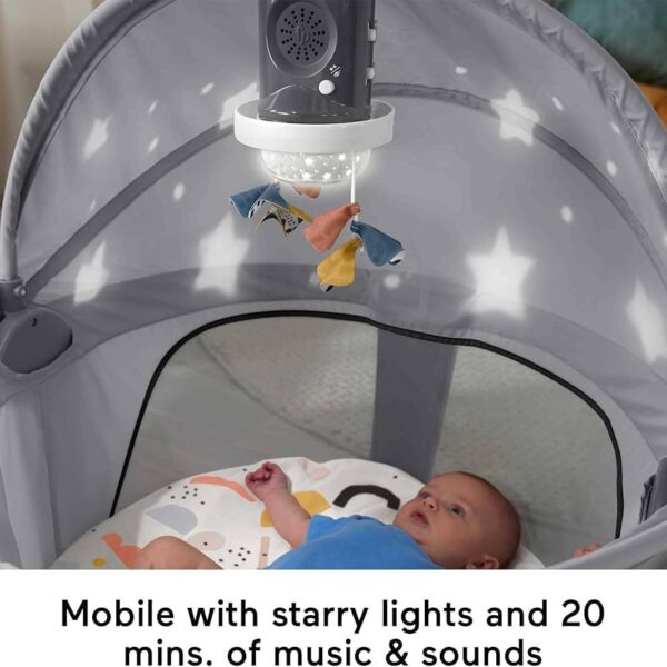 Fisher-Price Moisés portátil para bebé Deluxe On-The-Go Proyección Dome, espacio de juego de viaje para recién nacidos con luces, música y toldo, formas de papel