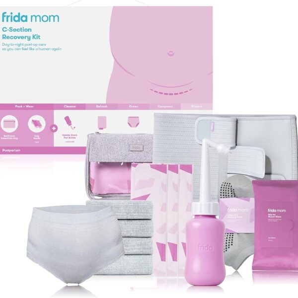 Frida Mom Kit de recuperación de cesárea  para el parto y el posparto, calcetines, botella de peri, ropa interior desechable, carpeta de soporte abdominal, toallitas de ducha.