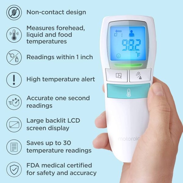 Motorola Care - Termómetro 3 en 1 para la frente del bebé, sin contacto, temperatura corporal, alimentos o líquidos, dispositivo clínico de mano para niños, adultos, sin contacto, lector rápido