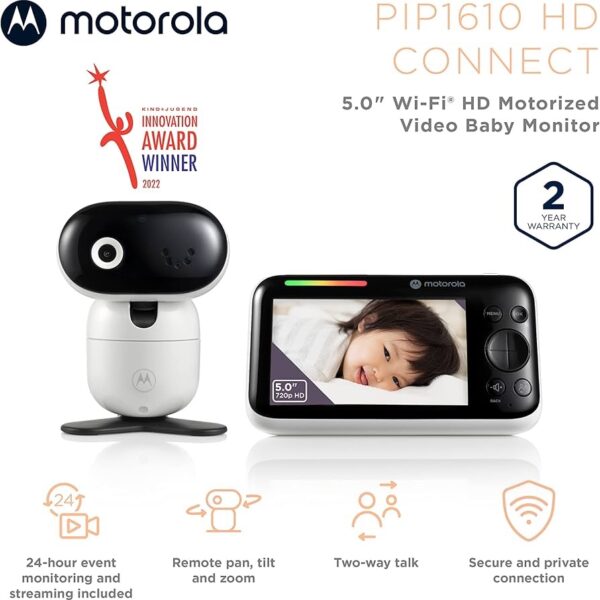 Monitor de Bebé Motorola Nursery PIP1610 HD – Cámara WiFi 1080p con Pantalla de 5”, Audio Bidireccional, Panorámica/Inclinación/Zoom, Sensor de Temperatura, Canciones de Cuna y Montaje en Pared