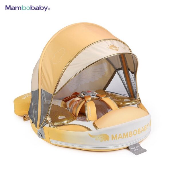Flotador de Bebé Mambobaby con Cola antivuelco y toldo con protección solar UPF50+, No Inflable, 2 Posiciones de Nado, para bebés de 3-24 meses, Ángel dorado