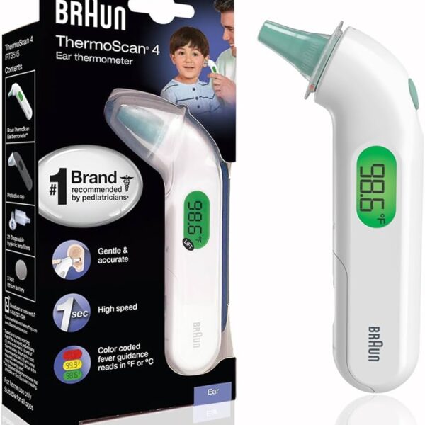 Braun ThermoScan 4 – Termómetro digital de oído con precisión profesional y guía por colores para bebés, niños y adultos
