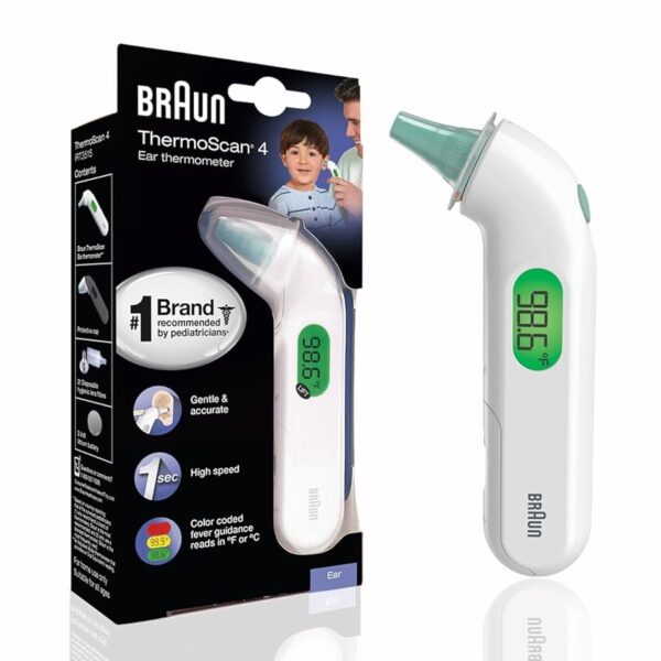 Braun ThermoScan 4 – Termómetro digital de oído con precisión profesional y guía por colores para bebés, niños y adultos